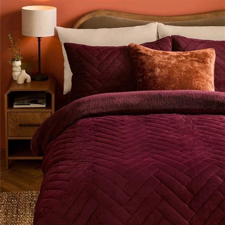 Corduroy Sherpa Reversible Comforter Set-Wine red