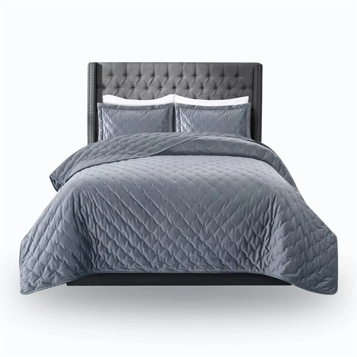 Luxury Embroidered Velvet Quilt Set-Grey