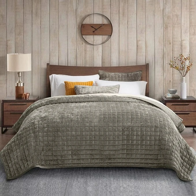 Luxury Velvet Embroidered Quilt Set-Military Green
