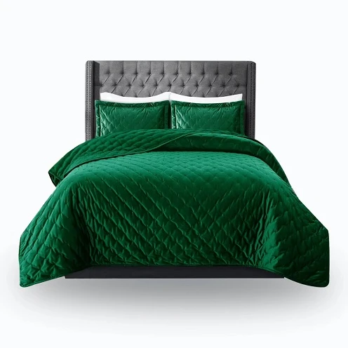 Embroidered Velvet Quilt Set-Green