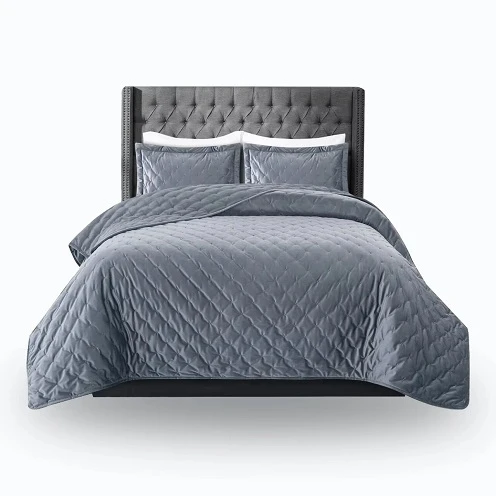 Embroidered Velvet Quilt Set-Grey