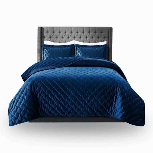 Embroidered Velvet Quilt Set-Navy