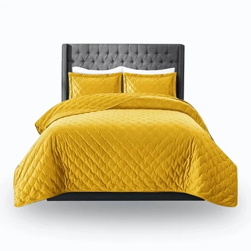Embroidered Velvet Quilt Set-Yellow Embroidered Velvet Quilt Set-Yellow