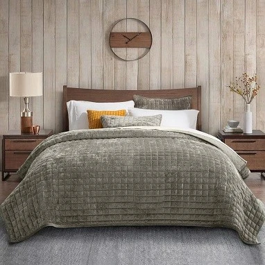 Luxury Velvet Embroidered Quilt Set-Military Green Luxury Velvet Embroidered Quilt Set-Military Green