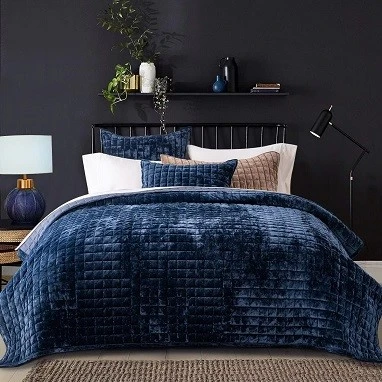 Luxury Velvet Embroidered Quilt Set-Navy