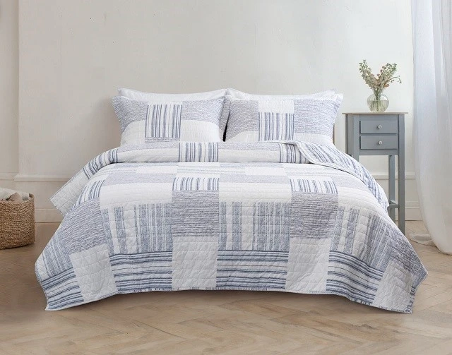 Blue And White Striped Cotton Quilt Set-1