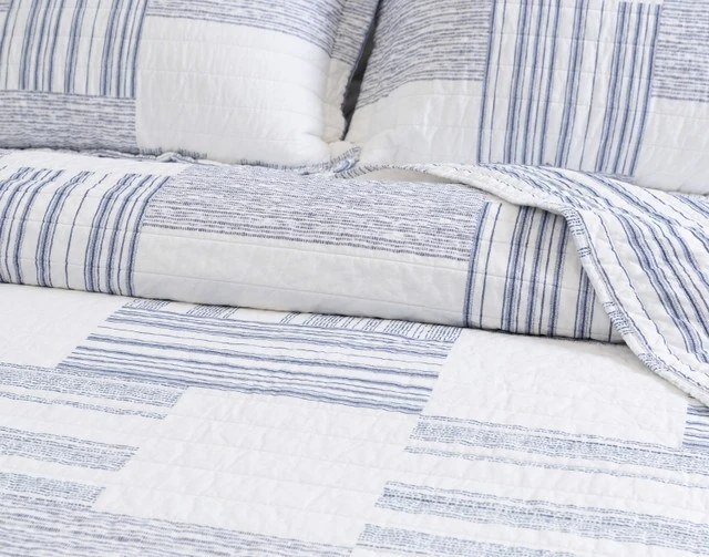 Blue And White Striped Cotton Quilt Set-2