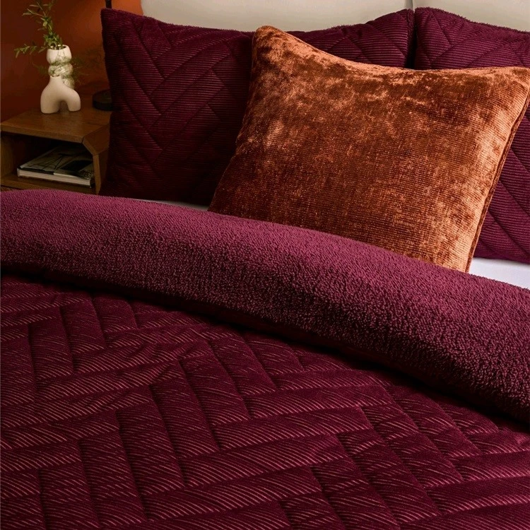 Corduroy Sherpa Reversible Comforter Set-Wine red-1